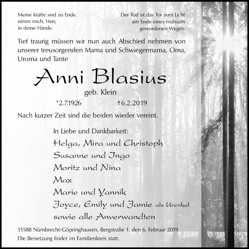  Traueranzeige für Anni Blasius vom 13.02.2019 aus  Lokalanzeiger 