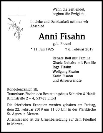 Anzeige von Anni Fisahn von Kölner Stadt-Anzeiger / Kölnische Rundschau / Express