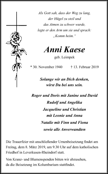 Anzeige von Anni Kaese von Kölner Stadt-Anzeiger / Kölnische Rundschau / Express