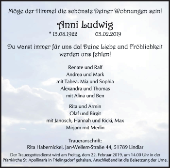 Anzeige von Anni Ludwig von Kölner Stadt-Anzeiger / Kölnische Rundschau / Express