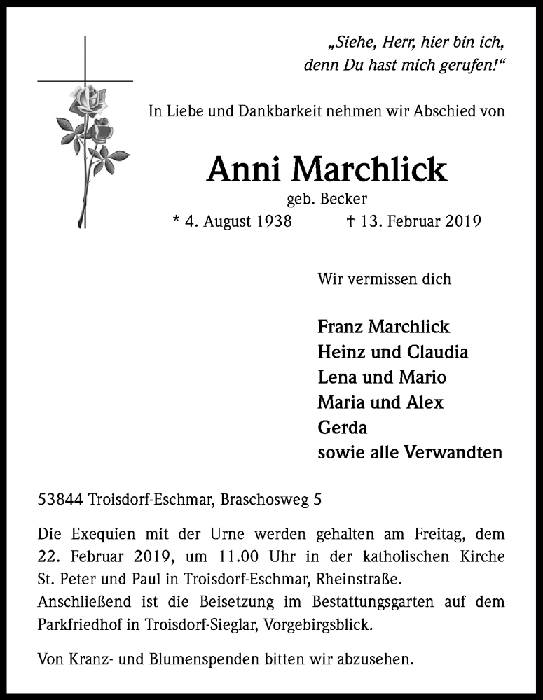  Traueranzeige für Anni Marchlick vom 16.02.2019 aus Kölner Stadt-Anzeiger / Kölnische Rundschau / Express