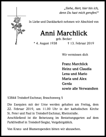Anzeige von Anni Marchlick von Kölner Stadt-Anzeiger / Kölnische Rundschau / Express
