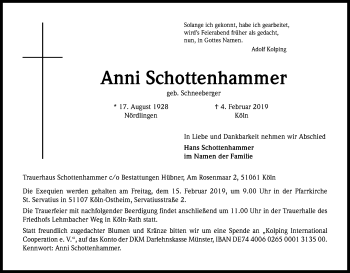 Anzeige von Anni Schottenhammer von Kölner Stadt-Anzeiger / Kölnische Rundschau / Express