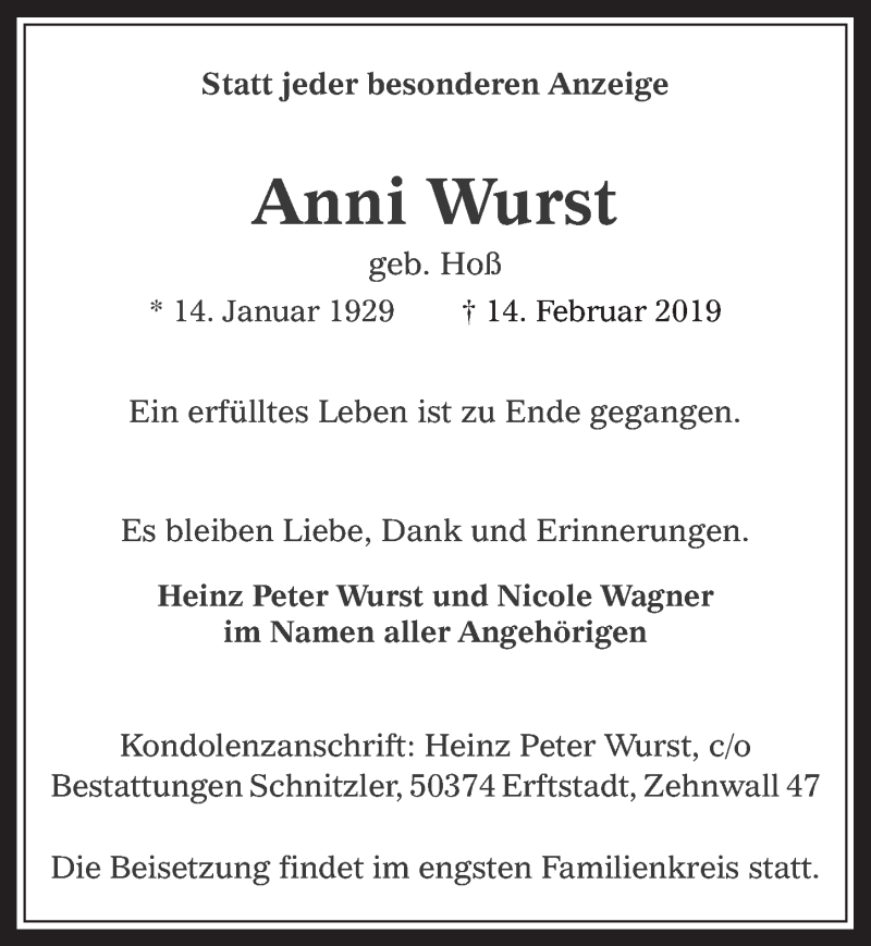  Traueranzeige für Anni Wurst vom 20.02.2019 aus  Werbepost 