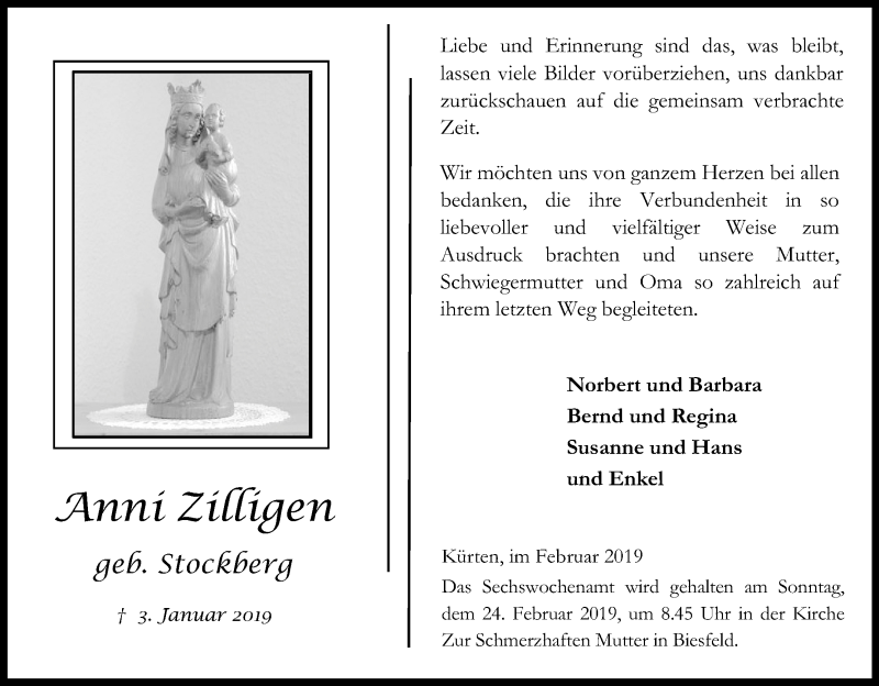  Traueranzeige für Anni Zilligen vom 16.02.2019 aus Kölner Stadt-Anzeiger / Kölnische Rundschau / Express
