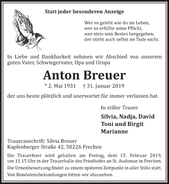 Anzeige von Anton Breuer von  Sonntags-Post 