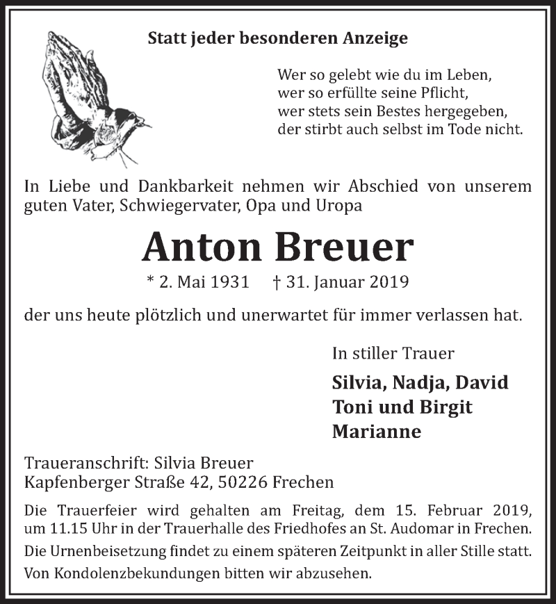  Traueranzeige für Anton Breuer vom 09.02.2019 aus  Sonntags-Post 