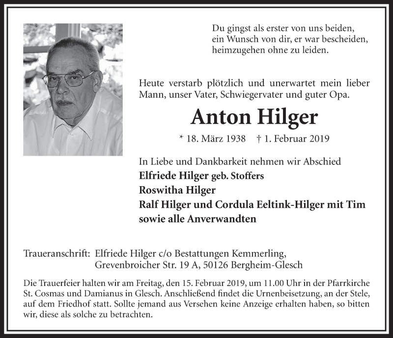  Traueranzeige für Anton Hilger vom 09.02.2019 aus  Sonntags-Post 