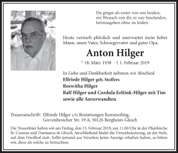 Anzeige von Anton Hilger von  Sonntags-Post 
