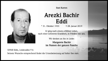 Anzeige von Arezki Bachir von Kölner Stadt-Anzeiger / Kölnische Rundschau / Express