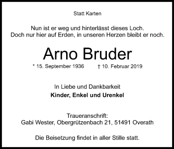 Anzeige von Arno Bruder von Kölner Stadt-Anzeiger / Kölnische Rundschau / Express