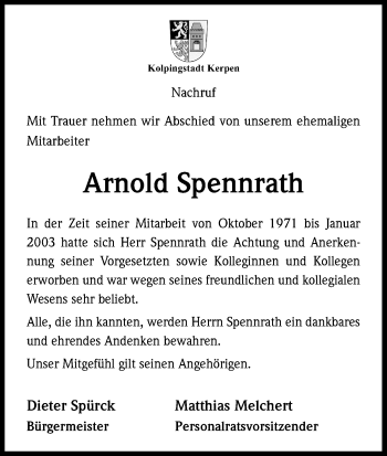 Anzeige von Arnold Spennrath von Kölner Stadt-Anzeiger / Kölnische Rundschau / Express