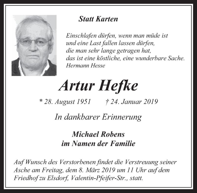  Traueranzeige für Artur Hefke vom 27.02.2019 aus  Werbepost 