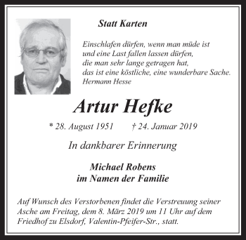 Anzeige von Artur Hefke von  Werbepost 