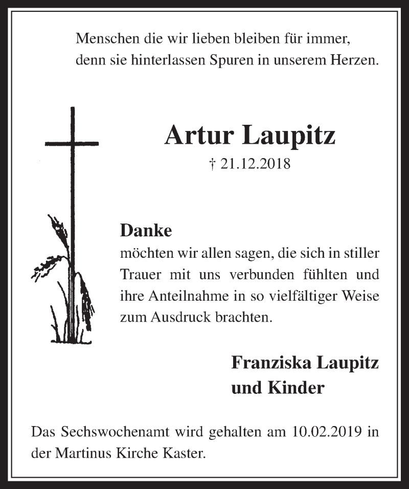  Traueranzeige für Artur Laupitz vom 06.02.2019 aus  Werbepost 