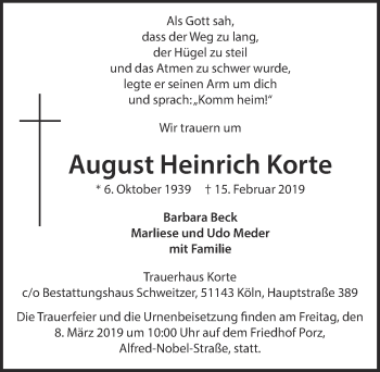 Anzeige von August Heinrich Korte von  Kölner Wochenspiegel 