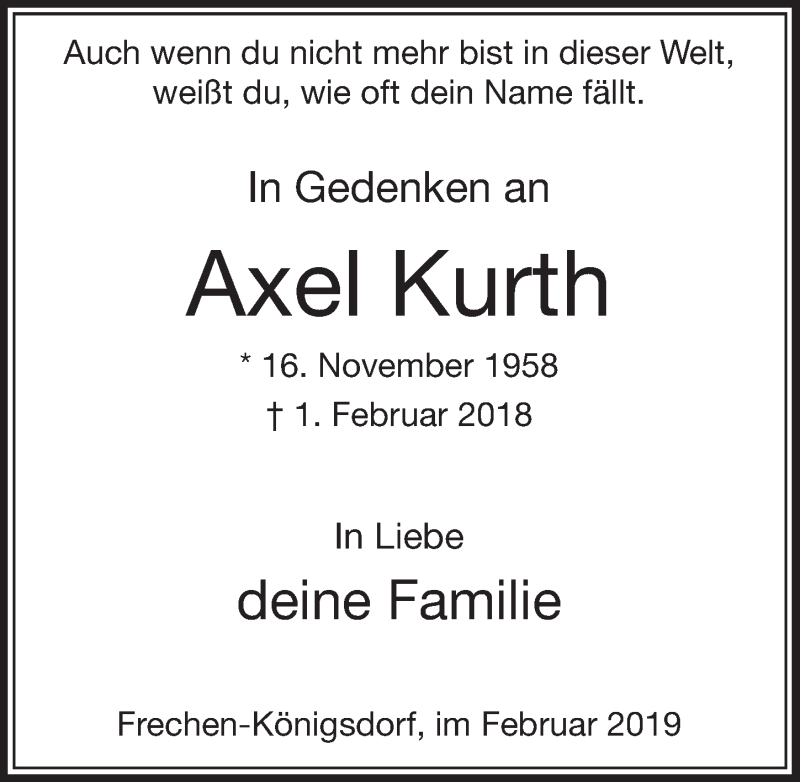  Traueranzeige für Axel Kurth vom 02.02.2019 aus  Sonntags-Post 