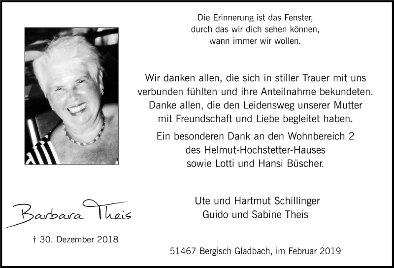  Traueranzeige für Barbara Theis vom 06.02.2019 aus  Bergisches Handelsblatt 