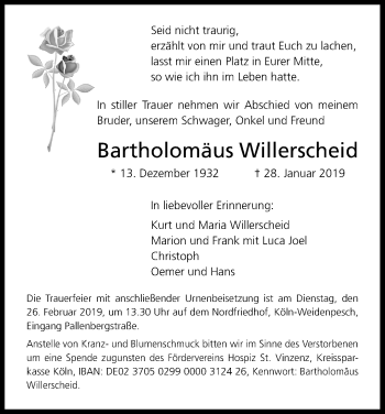 Anzeige von Bartholomäus Willerscheid von Kölner Stadt-Anzeiger / Kölnische Rundschau / Express