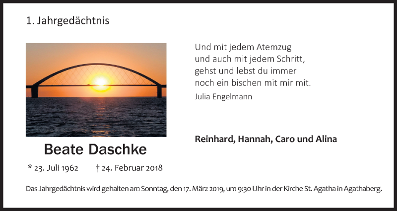  Traueranzeige für Beate Daschke vom 23.02.2019 aus Kölner Stadt-Anzeiger / Kölnische Rundschau / Express