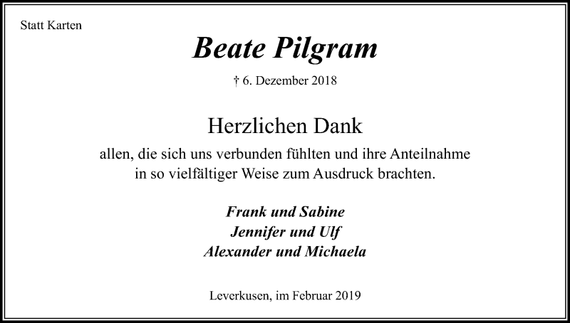  Traueranzeige für Beate Pilgram vom 09.02.2019 aus Kölner Stadt-Anzeiger / Kölnische Rundschau / Express