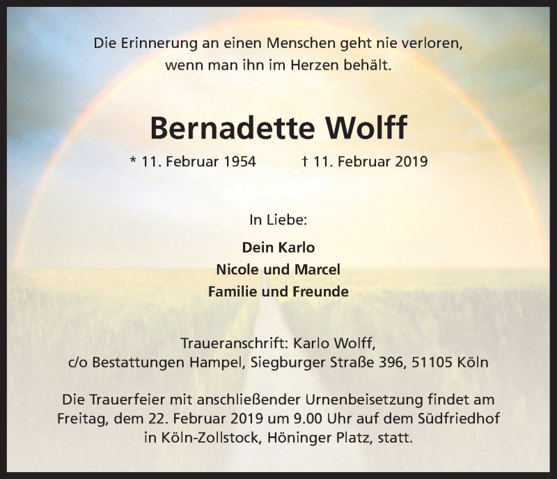  Traueranzeige für Bernadette Wolff vom 16.02.2019 aus Kölner Stadt-Anzeiger / Kölnische Rundschau / Express
