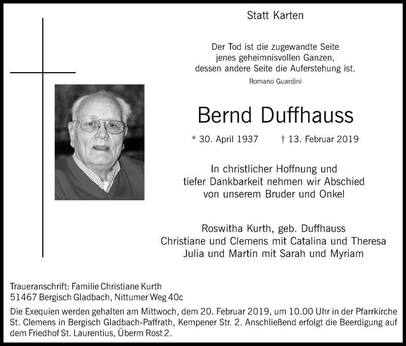  Traueranzeige für Bernd Duffhauss vom 16.02.2019 aus Kölner Stadt-Anzeiger / Kölnische Rundschau / Express