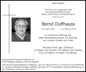 Anzeige von Bernd Duffhauss von Kölner Stadt-Anzeiger / Kölnische Rundschau / Express