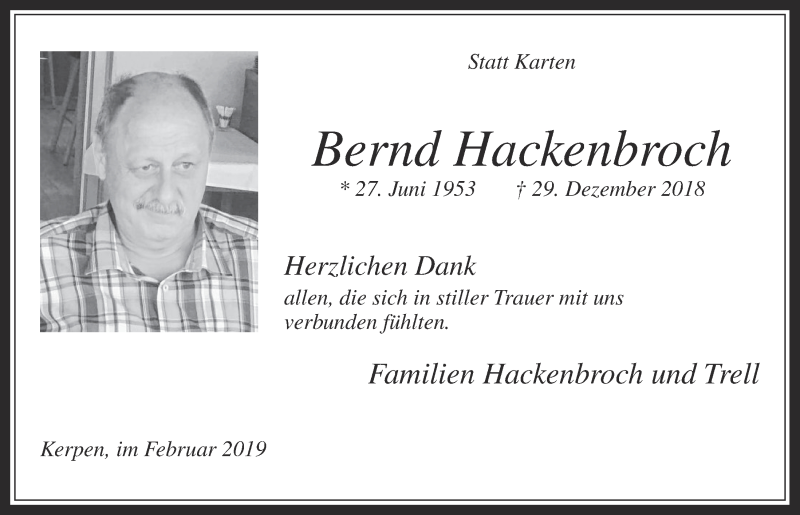  Traueranzeige für Bernd Hackenbroch vom 06.02.2019 aus  Werbepost 