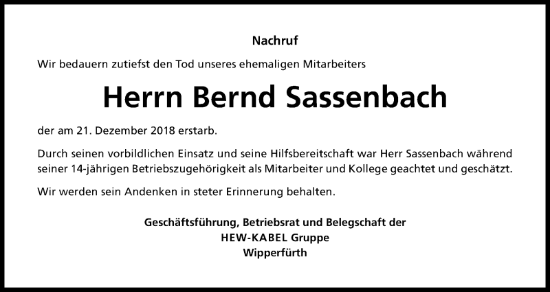  Traueranzeige für Bernd Sassenbach vom 09.02.2019 aus Kölner Stadt-Anzeiger / Kölnische Rundschau / Express