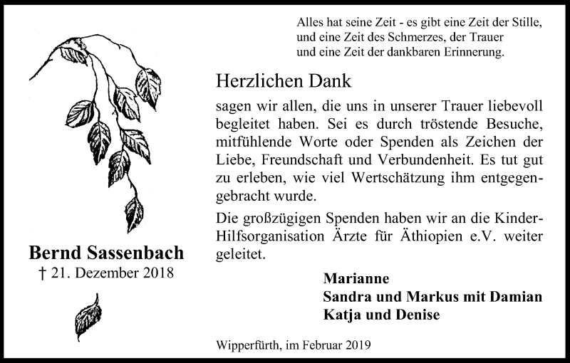  Traueranzeige für Bernd Sassenbach vom 16.02.2019 aus Kölner Stadt-Anzeiger / Kölnische Rundschau / Express