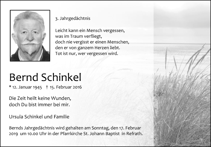  Traueranzeige für Bernd Schinkel vom 13.02.2019 aus  Bergisches Handelsblatt 
