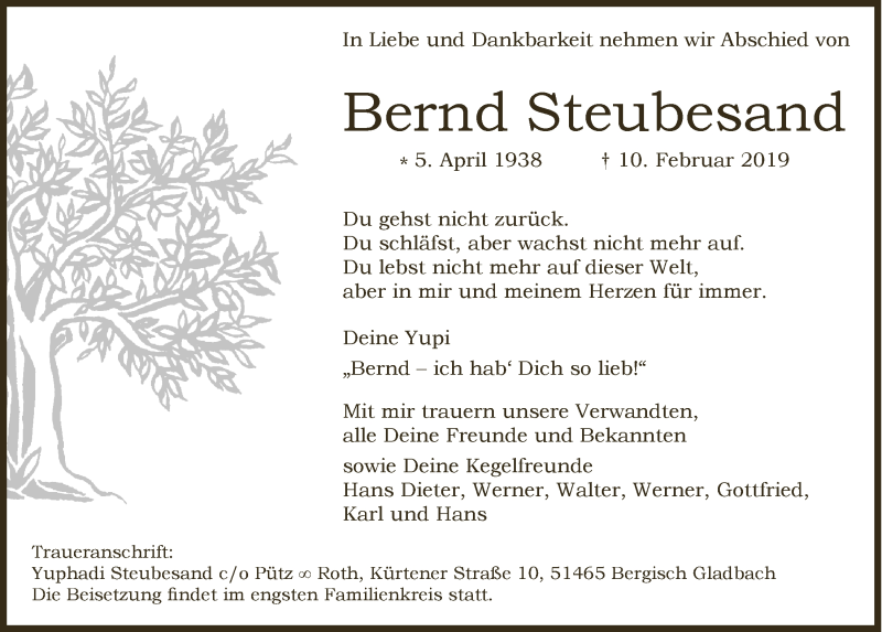  Traueranzeige für Bernd Steubesand vom 20.02.2019 aus  Bergisches Handelsblatt 