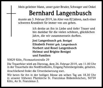 Anzeige von Bernhard Langenbusch von Kölner Stadt-Anzeiger / Kölnische Rundschau / Express