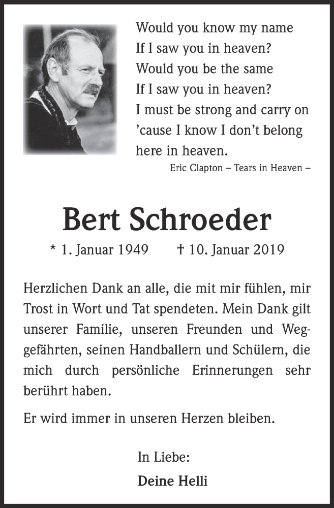  Traueranzeige für Bert Schroeder vom 16.02.2019 aus  Blickpunkt Euskirchen 