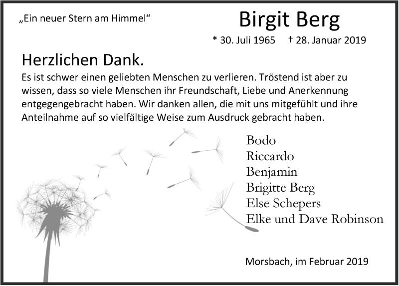  Traueranzeige für Birgit Berg vom 20.02.2019 aus  Lokalanzeiger 