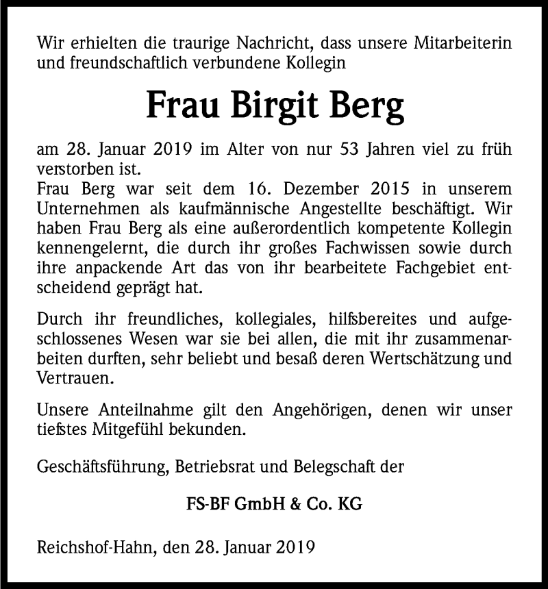  Traueranzeige für Birgit Berg vom 02.02.2019 aus Kölner Stadt-Anzeiger / Kölnische Rundschau / Express