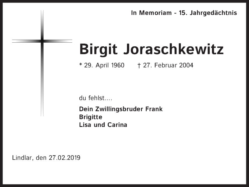  Traueranzeige für Birgit Joraschkewitz vom 27.02.2019 aus Kölner Stadt-Anzeiger / Kölnische Rundschau / Express