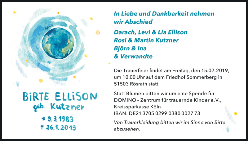  Traueranzeige für Birte Ellison vom 09.02.2019 aus Kölner Stadt-Anzeiger / Kölnische Rundschau / Express