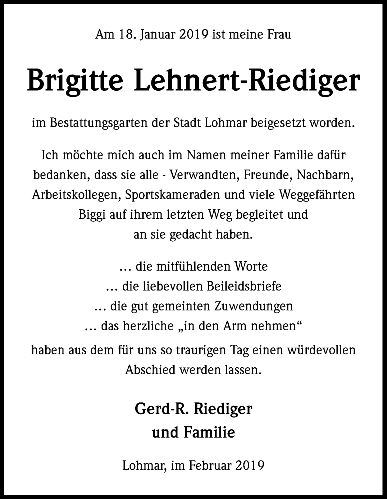  Traueranzeige für Brigitte Lehnert-Riediger vom 09.02.2019 aus Kölner Stadt-Anzeiger / Kölnische Rundschau / Express