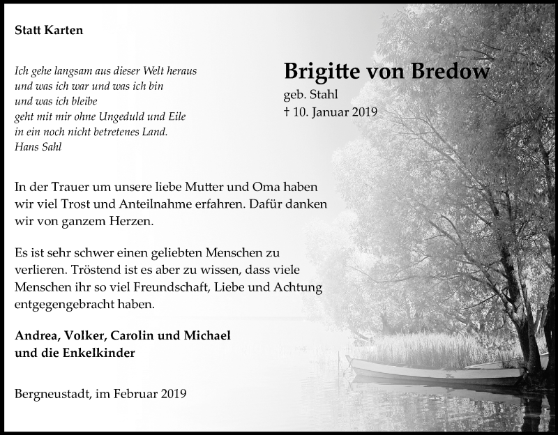  Traueranzeige für Brigitte von Bredow vom 16.02.2019 aus Kölner Stadt-Anzeiger / Kölnische Rundschau / Express