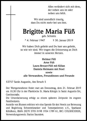 Anzeige von Brigitte Maria Füß von Kölner Stadt-Anzeiger / Kölnische Rundschau / Express