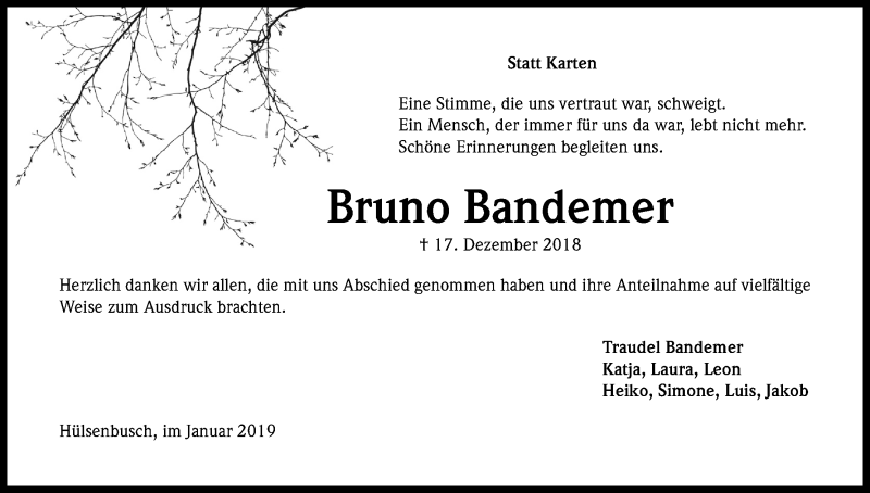  Traueranzeige für Bruno Bandemer vom 02.02.2019 aus Kölner Stadt-Anzeiger / Kölnische Rundschau / Express