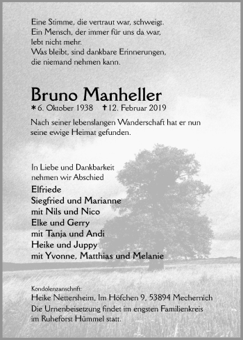 Anzeige von Bruno Manheller von Kölner Stadt-Anzeiger / Kölnische Rundschau / Express