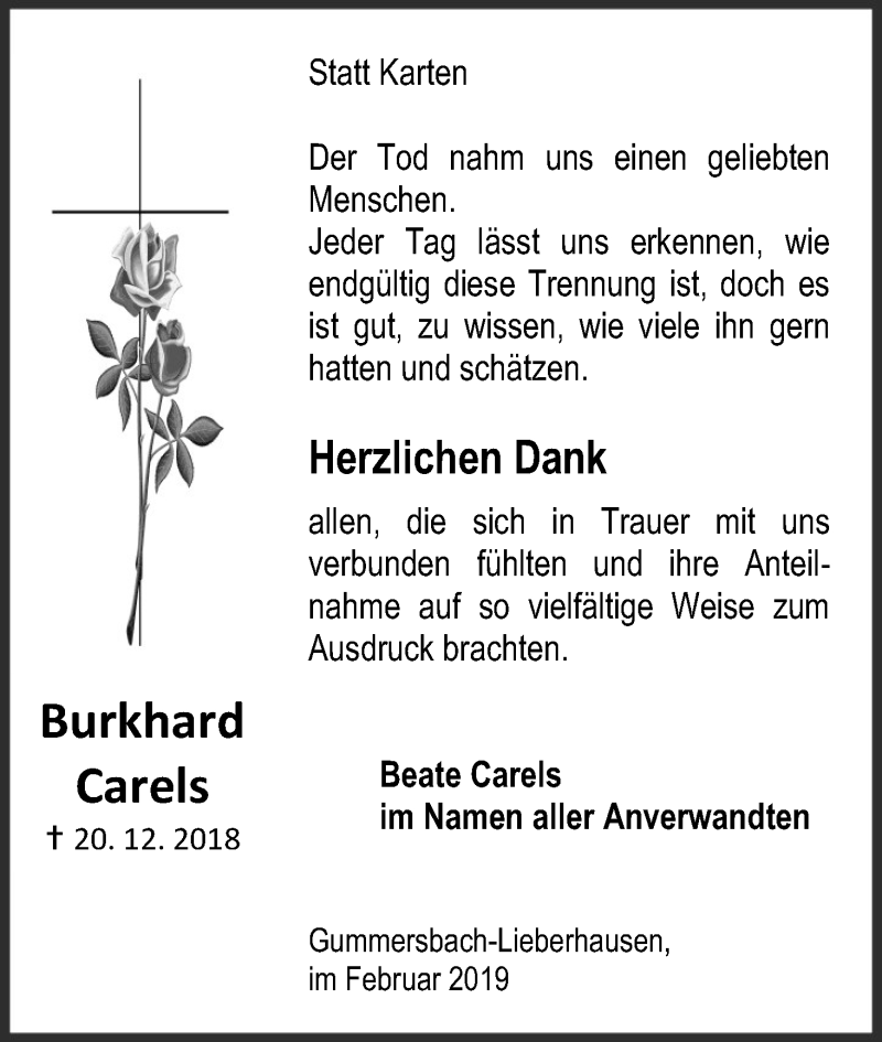  Traueranzeige für Burkhard Carels vom 02.02.2019 aus Kölner Stadt-Anzeiger / Kölnische Rundschau / Express