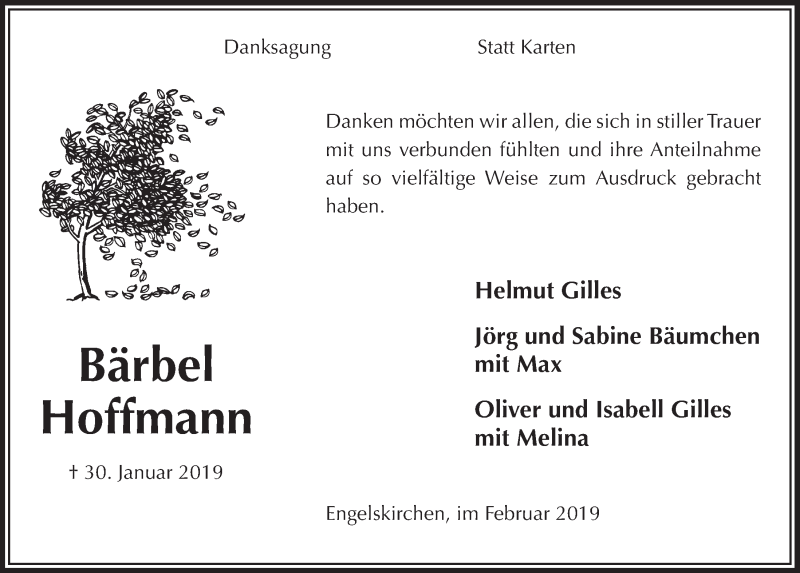  Traueranzeige für Bärbel Hoffmann vom 20.02.2019 aus  Anzeigen Echo 