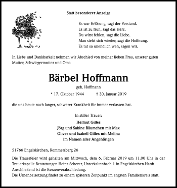 Anzeige von Bärbel Hoffmann von Kölner Stadt-Anzeiger / Kölnische Rundschau / Express