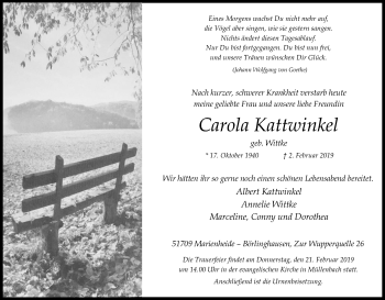 Anzeige von Carola Kattwinkel von Kölner Stadt-Anzeiger / Kölnische Rundschau / Express