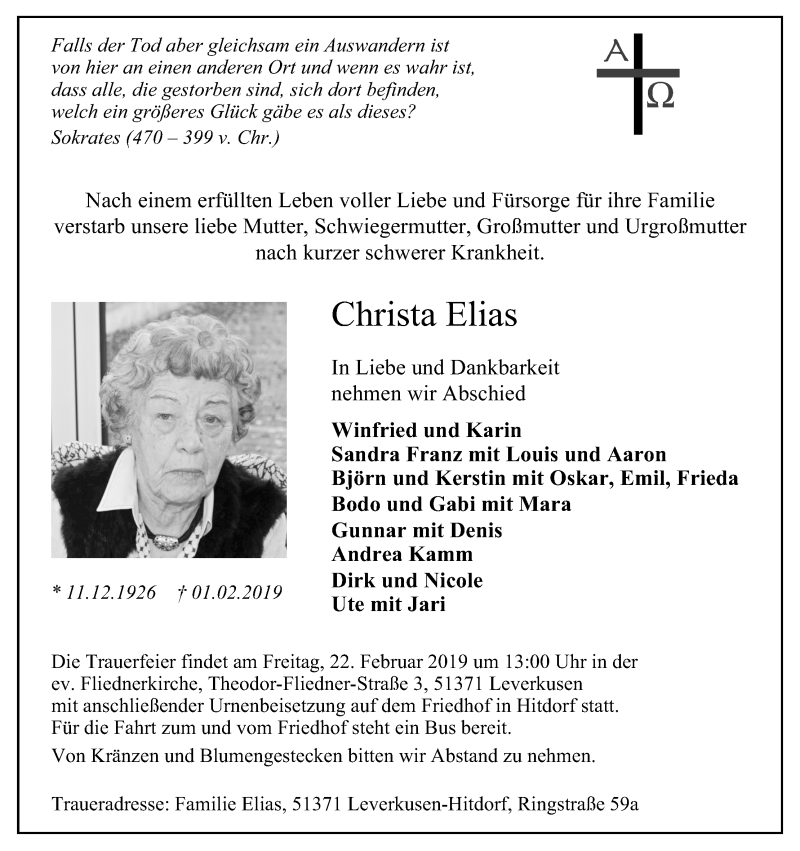  Traueranzeige für Christa Elias vom 16.02.2019 aus Kölner Stadt-Anzeiger / Kölnische Rundschau / Express