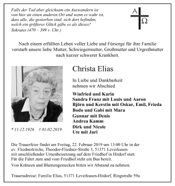 Anzeige von Christa Elias von Kölner Stadt-Anzeiger / Kölnische Rundschau / Express